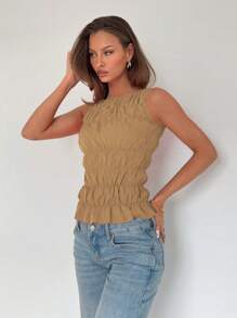 Roylia Summer Women Solid Color Crew Neck Ruched Sleeveless Tank Top - Khaki - View 4
