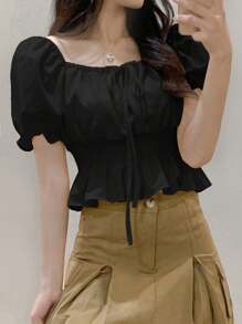 DAZY Women's Knot Waist Puff Sleeve Short Sleeve Black Blouse, Babydoll Top