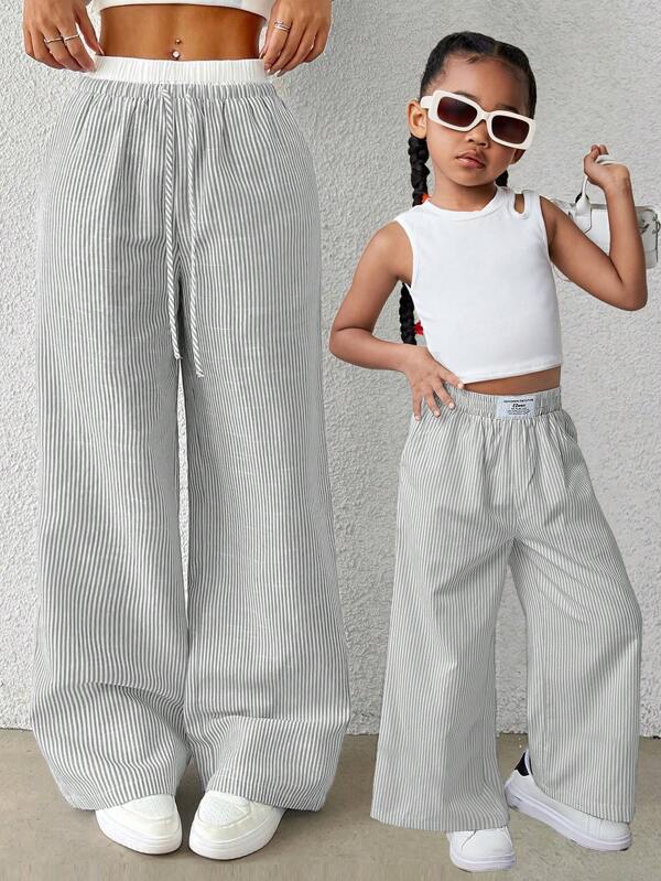 SHEIN Nova Glow Young Girl Casual Striped Letter Patched Detail Wide-Leg Straight Pants,Mom And Daughter Matching,Preppy,Great For Casual & Daily Wear & School Daily In Summer & Autumn