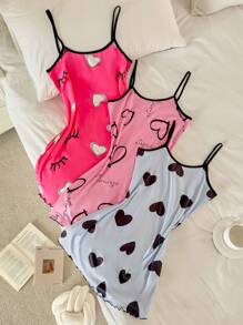 SweetSlumber 3pcs/Set Heart Print Camisole Nightgown Set, Fashionable For Summer Pink Pajamas  Cozy And Elegant Details - Multicolor - View 1