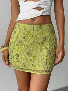 Aloruh 女士性感优雅低腰亮片串珠刺绣喇叭形 A 字迷你裙，适合女性约会、女性夜生活、俱乐部性感