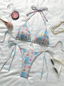 Swim Mod Áo bikini tam giác in hoa ngẫu nhiên và quần buộc dây bên hông, Bộ bikini gợi cảm cho kỳ nghỉ hè - Nhiều màu - Xem 1