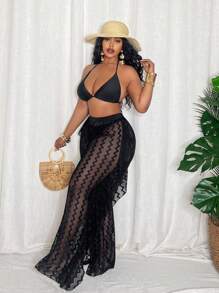 Slaydiva Plus Size Women Wave Striped Mesh Cover Up & Wide Leg Pants Set For Summer Beach Vacation - Black - View 3
