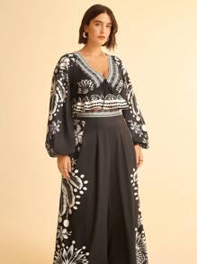 CAJUNI Plus Size Women Tropical Coconut Tree Printed Casual Wide Leg Extra Long Beach Pants