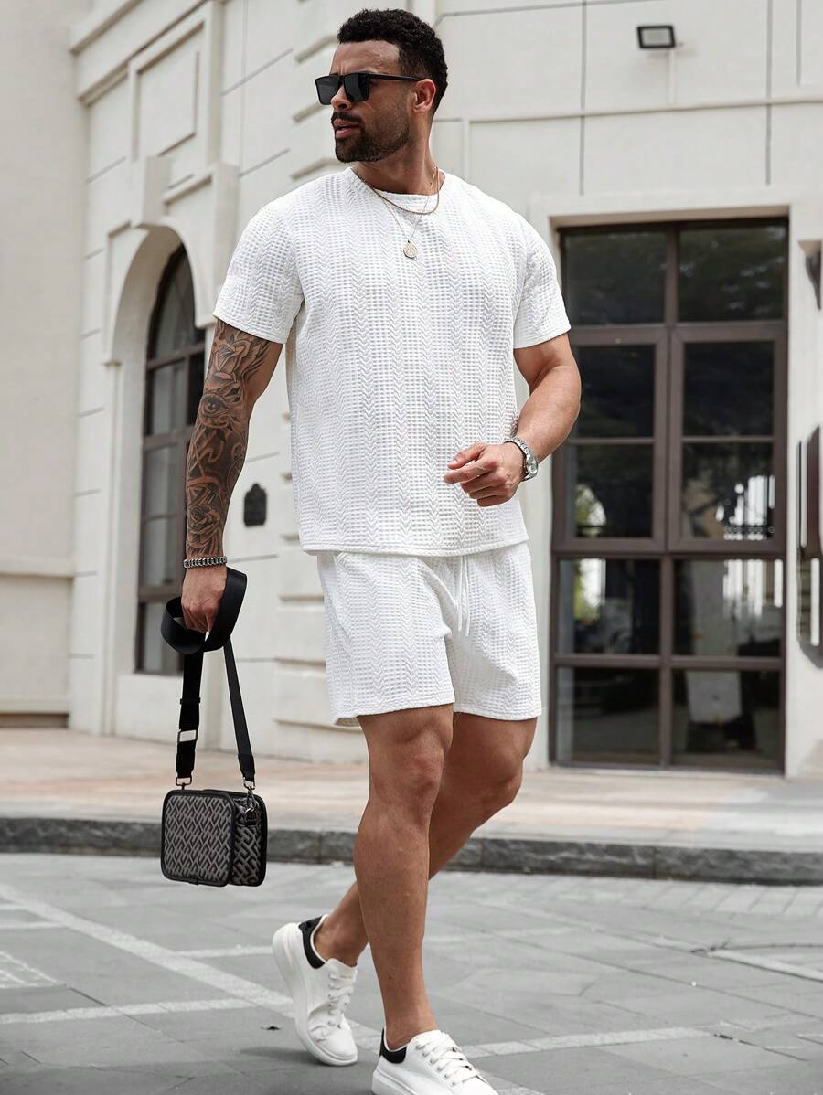 Manfinity Homme Plus Size Men Round Neck Short Sleeve Casual Solid T-Shirt And Drawstring Waist Shorts 2-Piece Set - Khaki - View 1