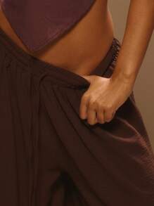 MUSERA Low Rise Extreme Wide Leg Trousers Summer Vacation Ibiza Elegant Ibiza Cute Beach Festival Rave Boho Beachwear HOLIDAY, SUMMER Everyday Fall Winter - Coffee Brown - View 4