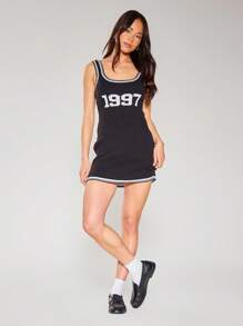 MUSERA 罗纹针织圆领撞色滚边“1997”标语修身迷你连衣裙 春季Y2K 90年代休闲可爱节日假日夏季冬季日常时尚 - 黑色 - 查看 3