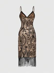 ROMWE Goth Vestido de tirantes con estampado floral retro y bajo con flecos