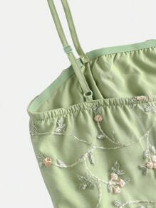 Girlism Vestido camisero verde con bordado floral y malla para adolescentes, vestido de verano, vestido para té, vestido en tonos pastel