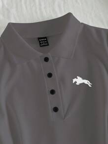 SHEIN Unity Polo Collar Short Sleeve Half Placket Casual Women Dress - Dark Grey - View 4
