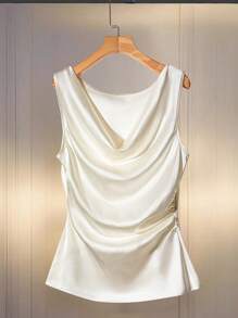 Franclia 优雅简约别致的垂褶领口、褶裥腰身黄色缎面女式上衣