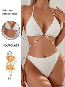SHEIN Swim Women's Beige Solid Wave Pattern Special Fabric Bikini Set 2pcs, Decorated With Pearl Chain, Summer Beach Holiday - White - View 1