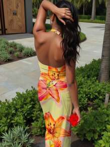 INAWLY Bộ 2 món áo croptop không tay in hoa và chân váy dành cho nữ mùa hè. - Màu vàng - Xem 2