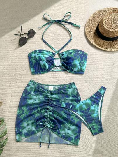 Soleia Conjunto de traje de baño de mujer con top halter, estampado floral, bikini sexy, con cubre y falda corta para el verano y la playa