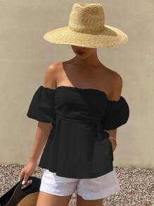 DAZY Women's Off Shoulder Puff Sleeve Tube Top Blouse, Suitable For Beach Vacation Babydoll Top
