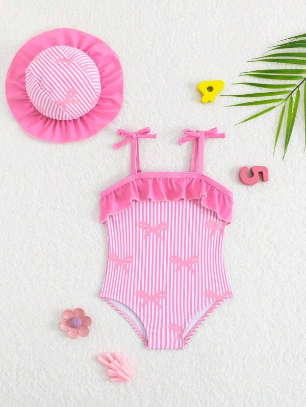 Newborn Girls Swimwear One-Piece Swimsuit For Newborn Girls Spaghetti Strap Bow Trim Swimsuit Knitted Polyester Digital Print Bow Pattern Swimsuit Plus Hat Cute Seaside Swimsuit For Newborn Girls