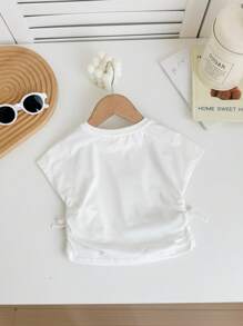 SHEIN LMoss Kids Babygirl 可爱休闲百搭针织白色蝴蝶结短袖衬衫，夏季 - 白色 - 查看 2