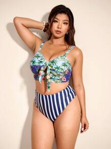 Elaquor 加大码棕榈树印花系带夏季沙滩比基尼 - 彩色 - 查看 4