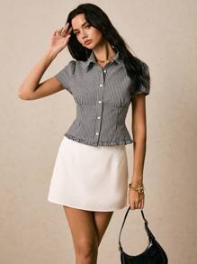 Poéselle Cămașă damă cu mânecă scurtă, cu un singur nasture, în carouri, retro, alb-negru