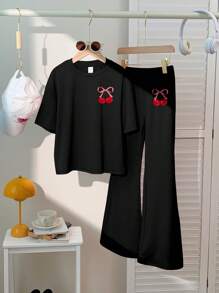 SHEIN 2pcs/Set Tween Girls Cute Bow & Cherry Print Casual Simple Short Sleeve Top And Pants Set, Suitable For Summer - Black - View 2