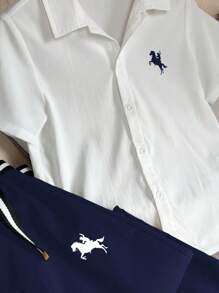 Conjunto de 2 peças para meninos pré-adolescentes: camisa polo de manga curta com estampa de 4 de julho e cinto, calça comprida, estilo cavalheiro, adequado para deslocamento diário, escola, uso casual diário, faculdade, esportes, primavera/verão