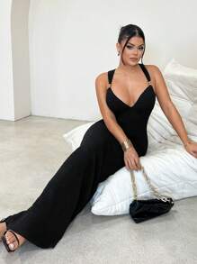 SHEIN SXY Váy hở lưng màu đen gợi cảm, trang phục mùa hè cho nữ, váy thanh lịch cho nữ, trang phục công sở cho nữ, váy cocktail cho nữ, trang phục sinh nhật cho nữ, váy trang trọng màu đen cho nữ, váy sinh nhật cho nữ, váy thường ngày cho nữ, váy dự tiệc cho nữ, váy bó sát - màu đen - Xem 3