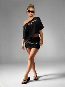 Missguided x Playboy Off Shoulder Distressed Crop Top Summer Spring Casual Festival Athleisure Street Style - Black - View 3