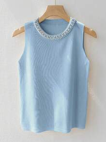INAWLY 大码女式仿珍珠装饰圆领针织蓝色毛衣背心 - 藍色 - 查看 3