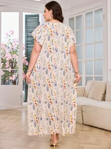 Lacomfia Plus Size Women's Ditsy Floral Crew Neck Loose Casual Maxi Dress - Apricot - View 2