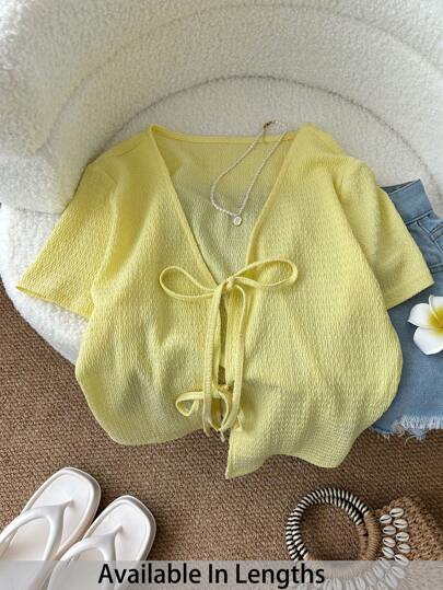 SHEIN PETITE CURVE 大码女式前系带针织浅黄色短袖上衣，性感可爱时尚休闲春季趣味衬衫海滩度假乡村音乐会