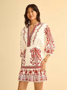 CAJUNI Women's Boho Tropical Holiday Plant Coconut Tree Red Print, Detachable Collar 3/4 Puffy Sleeve Mini Dress - Multicolor - View 7