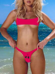 Musera Resort Super High Leg Graphic Print Cherry Thong Back Bikini Bottom Only Summer Spring Holiday Vacation Sexy Ibiza Beachwear - Hot Pink - View 2