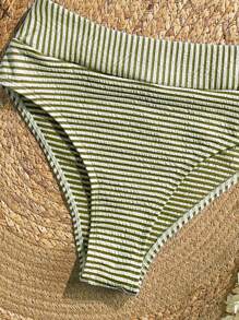 SHEIN VCAY 女士夏季沙滩条纹性感比基尼套装 - 軍綠色 - 查看 3