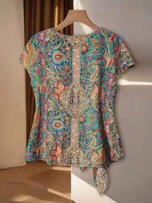 Franclia Blusa casual de mujer para vacaciones con cuello redondo, sin mangas, lazo en el bajo y bajo dividido, para primavera/verano