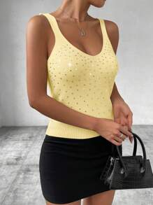 EMERY ROSE Women's White Rhinestone Ribbed Cami Tank Top - Yellow - View 6