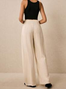 Poéselle Women's Striped Linen Trousers,Wide-Leg Pants With Metal Buckle,Elegant Old Money Style For Brown And Cream,Autumn,Holiday,Brunch,Commuting & Daily - Beige - View 4