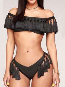 DAZY Women Solid Color Off Shoulder Fringe Crop Top Swimwear Y2k Club Vacation Beach - Black - View 3