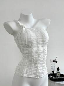 Chiquease Top ajustado sin mangas con un solo hombro, fruncido y textura de unicolor para mujer - Blanco - Ver 1