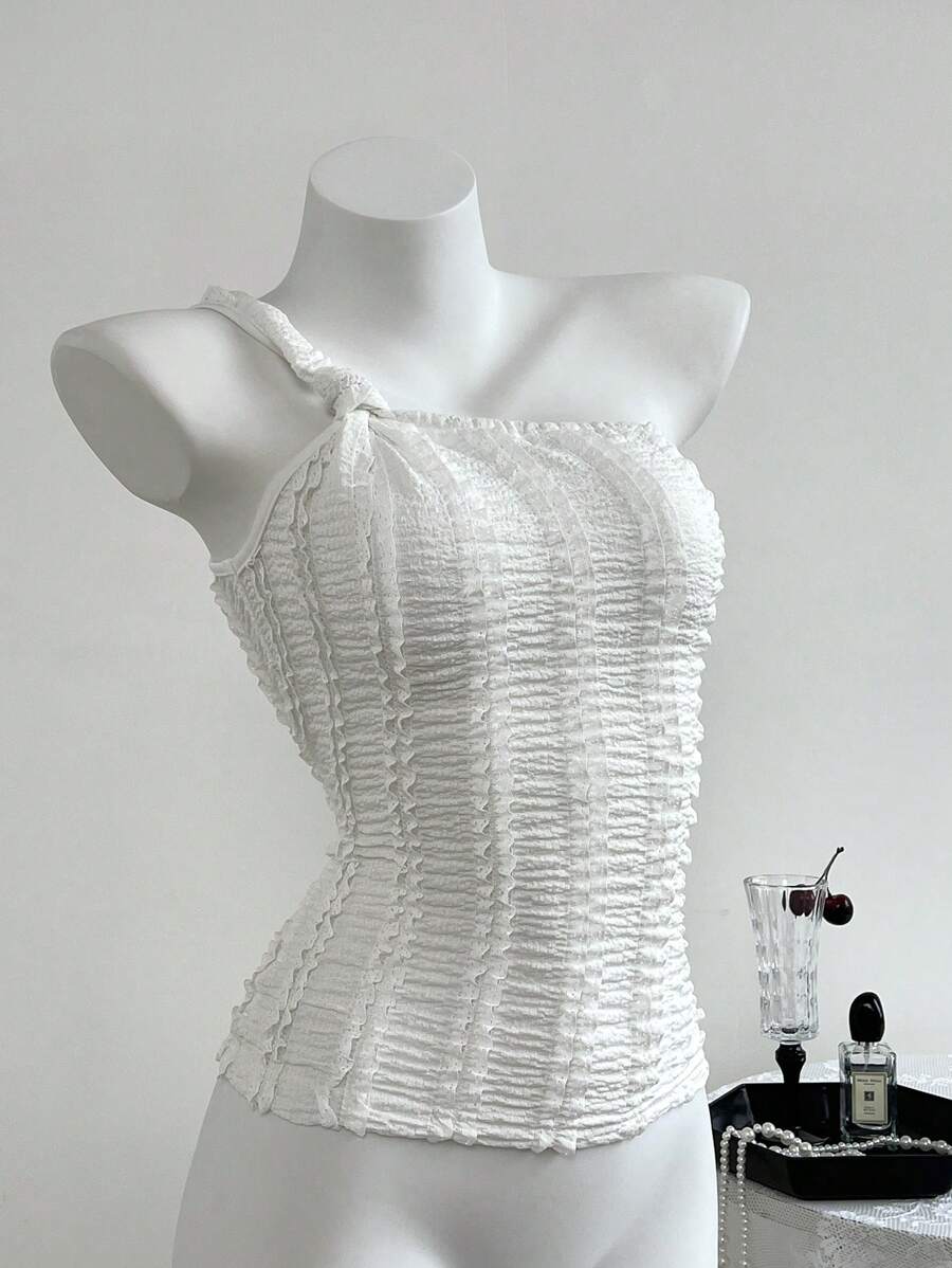Chiquease Top ajustado sin mangas con un solo hombro, fruncido y textura de unicolor para mujer - Blanco - Ver 1