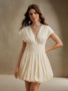 Anewsta 女士梭织时尚印花酒红色花卉无袖泡泡迷你优雅连衣裙优雅、夏日节日、优雅、假日、度假、休闲 - 黃色 - 查看 5