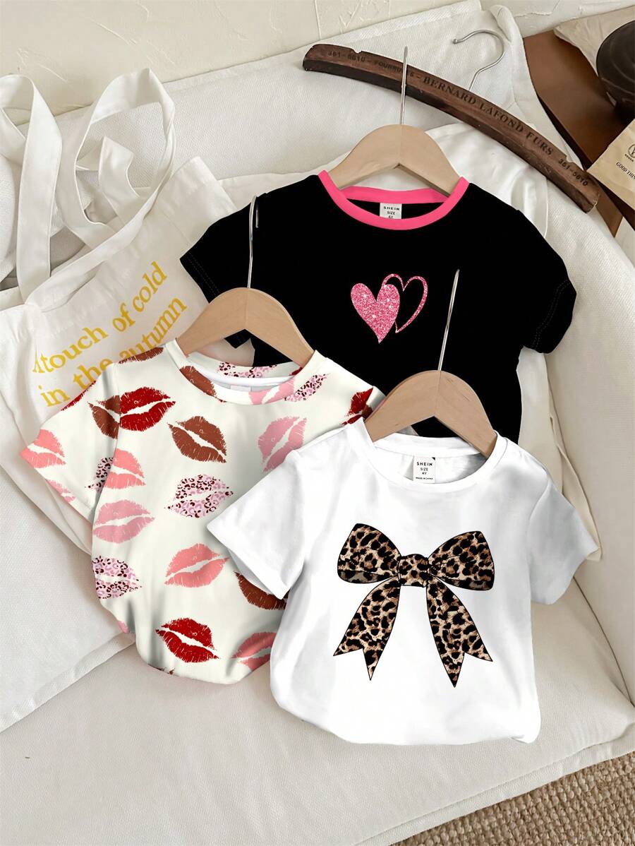 SHEIN Tween Girls Leopard Print, Bow, Heart, Lip Graphic Casual Homewear T-Shirts, Multi-Pack, Suitable For Summer - Multicolor - View 1
