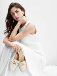 CUCCOO BIZCHIC Women Metal Decor Square Toe Mule Flats, Fashion Outdoor Flats For Summer Vacation Shoes Summer Back To School Shoes College Student Shoes Elegant Basics Business Casual Business Chic Spring Shoes Spring Break Easter