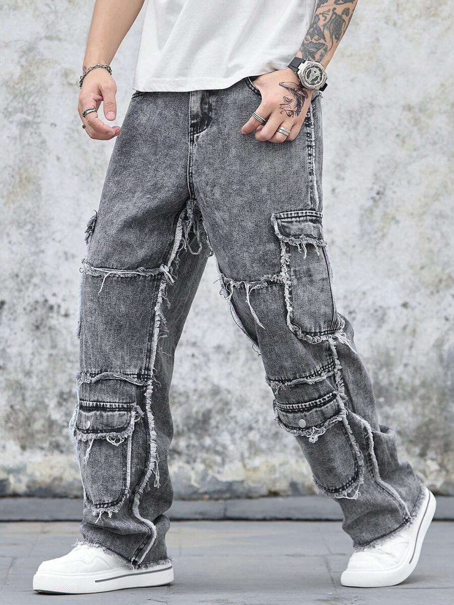 Manfinity LEGND Men's Year-Round Distressed Pocket Straight Leg Denim Jeans Hang Out Going Out Commute Work Street