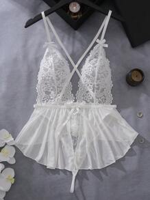 SHEIN Contrast Lace Mesh Plunge Teddy Bodysuit - White - View 6