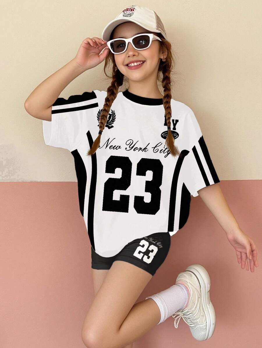 SHEIN Leap Crew 2 件套青少年女孩休闲简约短袖 T 恤和短裤套装，适合夏季 - 彩色 - 查看 1