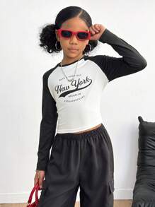 SHEIN Tween Girl Casual Raglan Sleeve Colorblock Letter Print Crop Top T-Shirt