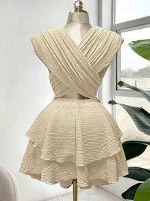 Sweetra 大码女式镂空荷叶边交叉 V 领沙滩裙，时尚设计，春夏新品 - 杏色 - 查看 3