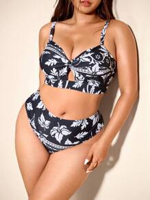 Elaquor Plus Size Full Print Spaghetti Strap Hollow Sleeveless Summer Bikini Set