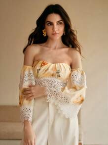 Anewsta Camicetta corta da donna con scollo a spalle scoperte, in pizzo e pannelli, moda, estiva, per festival, elegante, per vacanze, casual, di classe, adatta anche per la spiaggia