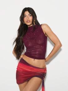 KIZN Sheer Mock Neck Crystal Studded Top Party Club Evening Rhinestone Tank Holiday Glamour Fashion Mesh Evening Dance - Burgundy - View 6